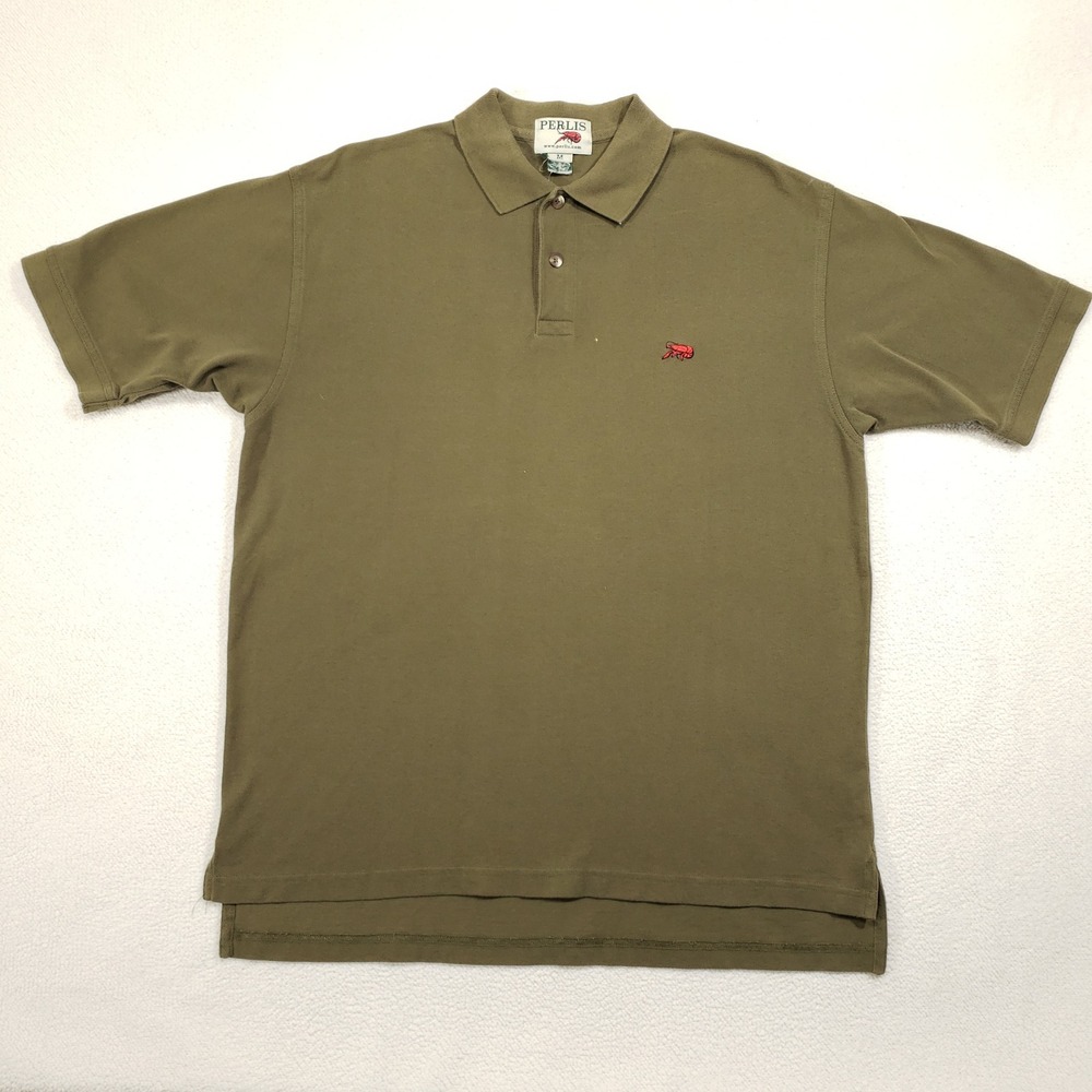 Perlis Polo Shirt Men Medium Olive Green Crawfish Logo Pique Short Sleeve Cotton
